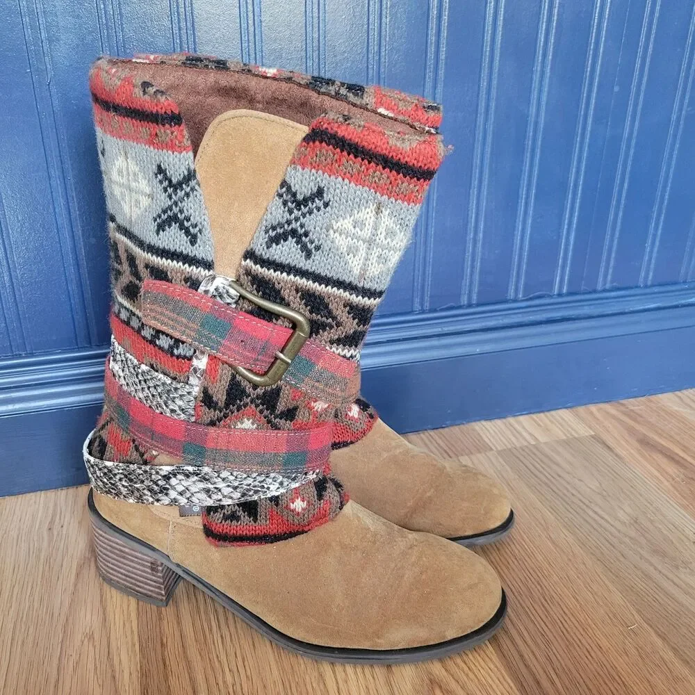 MUK LUKS Nikki Boots Size 7 Suede Winter Slouch Multi-Color Nordic Knit